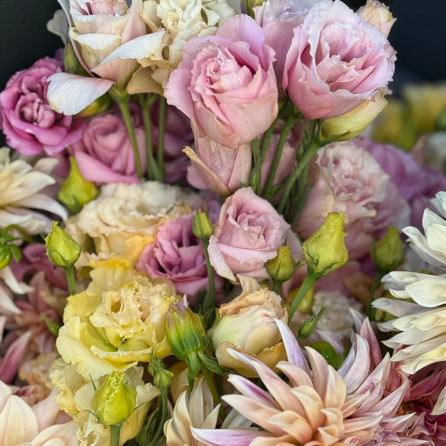 Bouquet of pink, yellow, and white flowers with green stems.