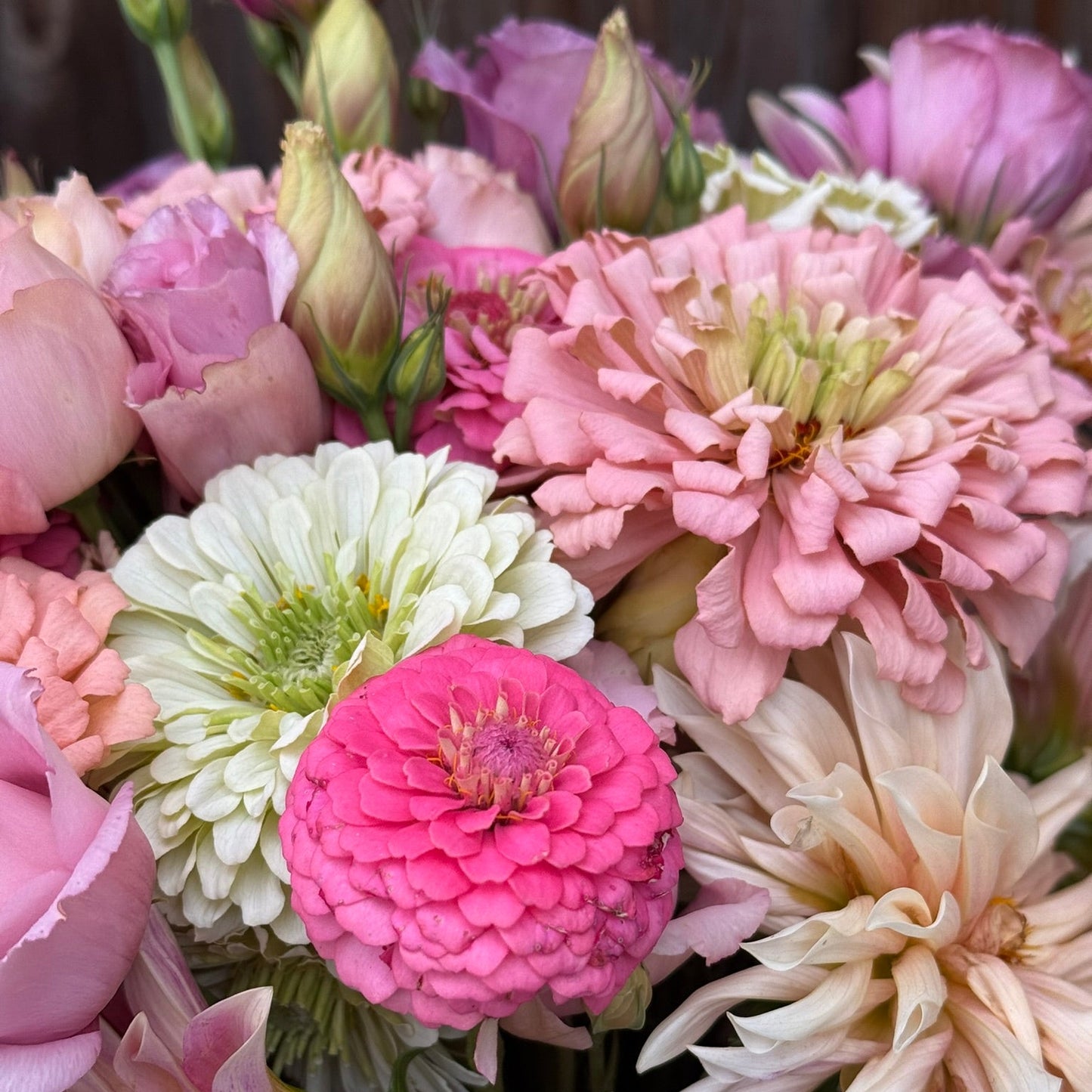 Bouquet of pink, white, and green flowers with a blurred background