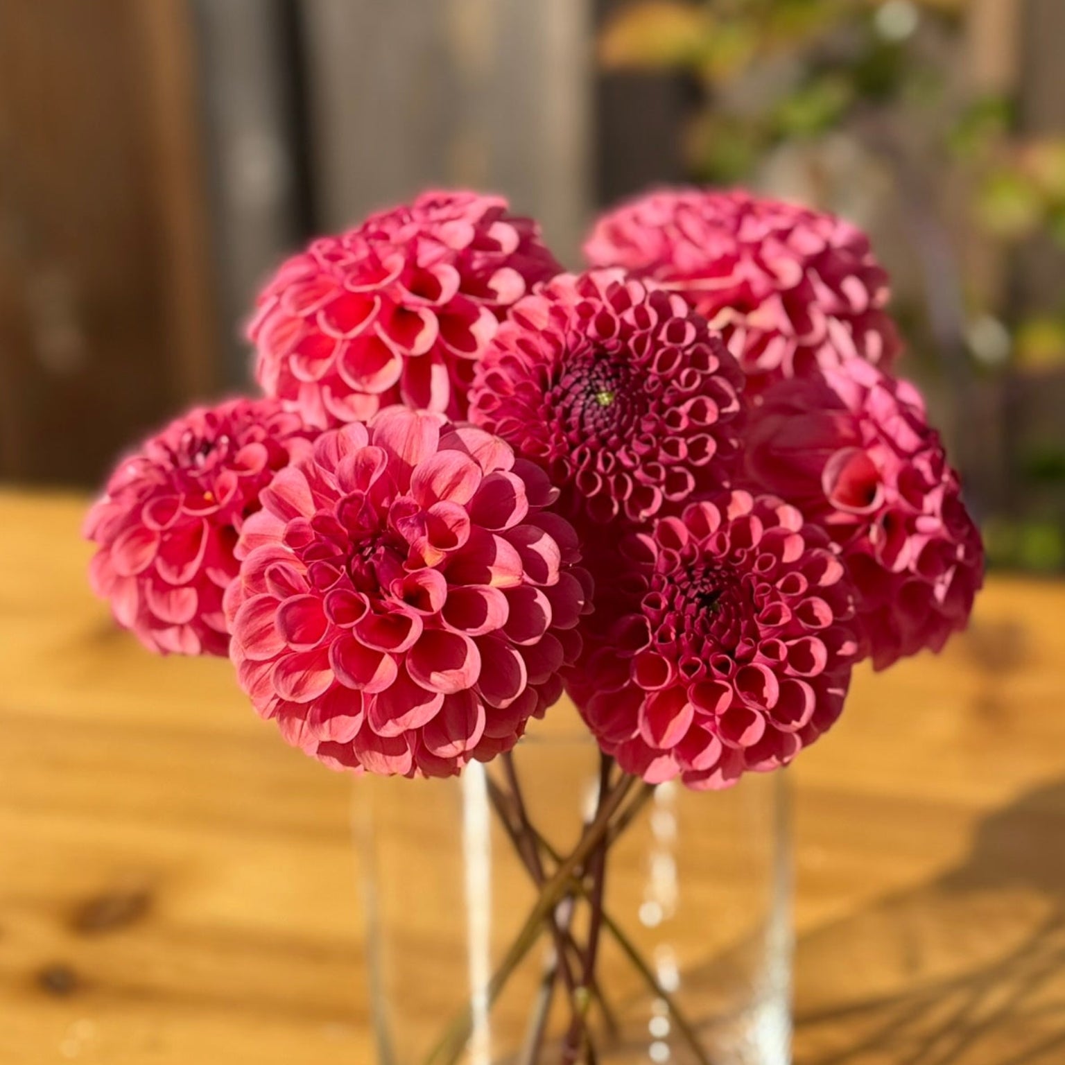 Pink flowers in a clear vase on a wooden table with a blurred background