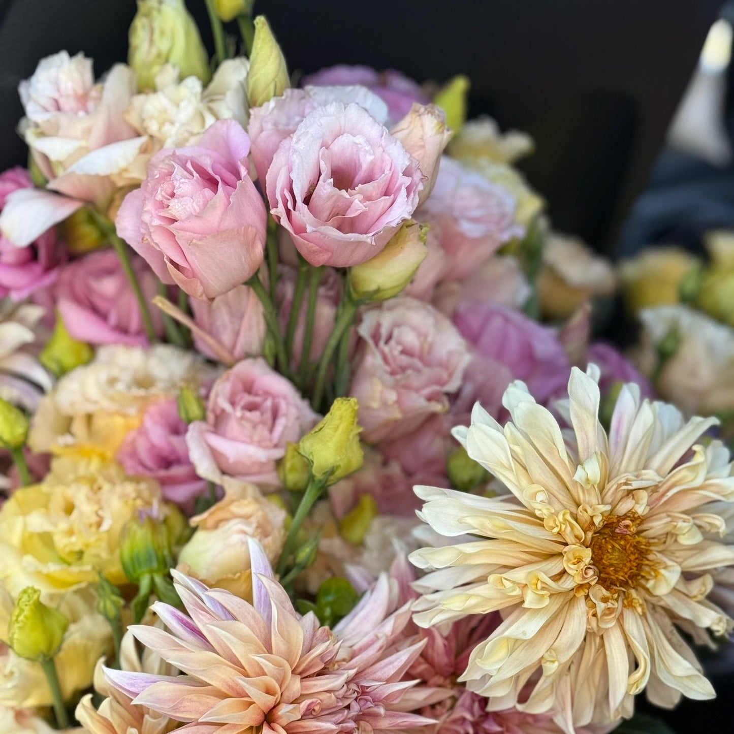 Bouquet of pink, yellow, and white flowers with a dark background
